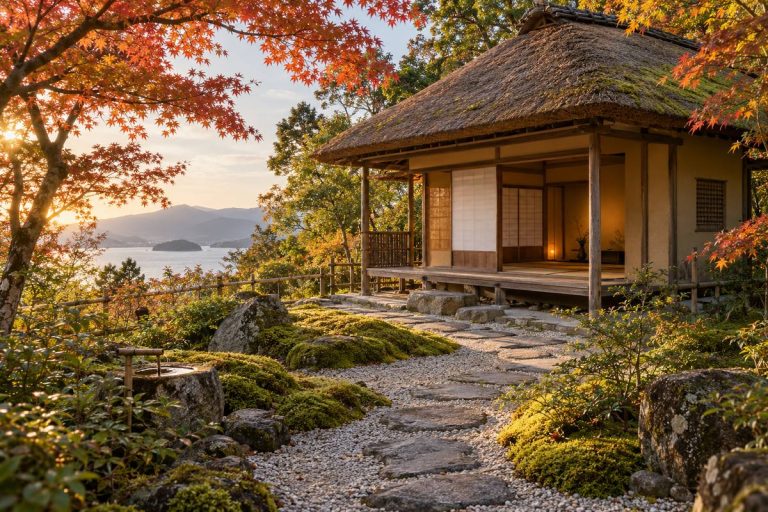 松江の茶室と庭、抹茶の時間を表す独自生成の概念画像。明々庵や百草亭の実景写真ではありません。
