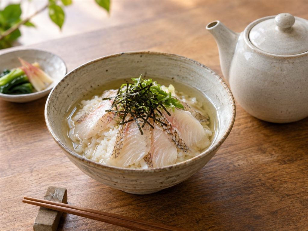 鯛の切り身と海苔をのせたご飯にだしを注いだ鯛茶漬け