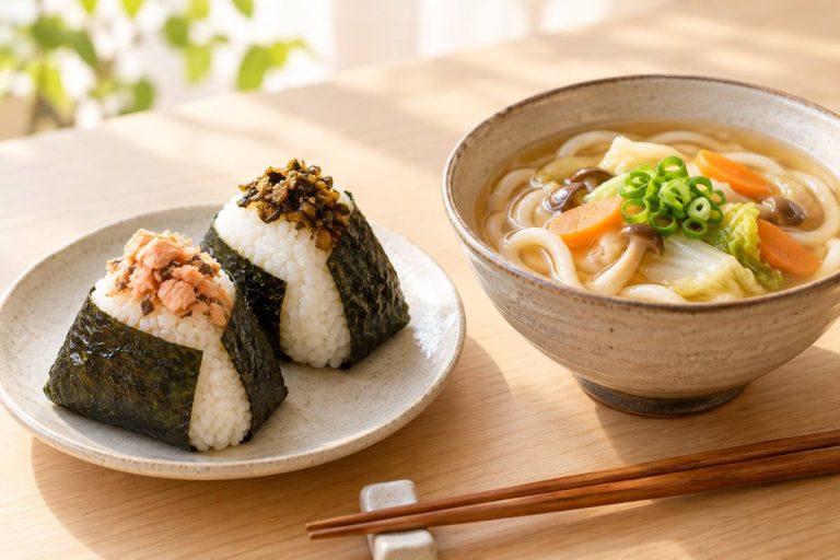 むすびとうどんを描いた独自生成の概念イメージ。むさしの実提供料理の写真ではありません。