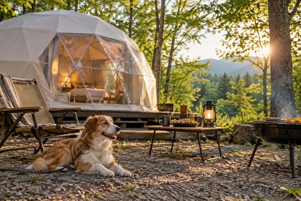 犬と過ごす森のグランピングを題材にした生成イメージ