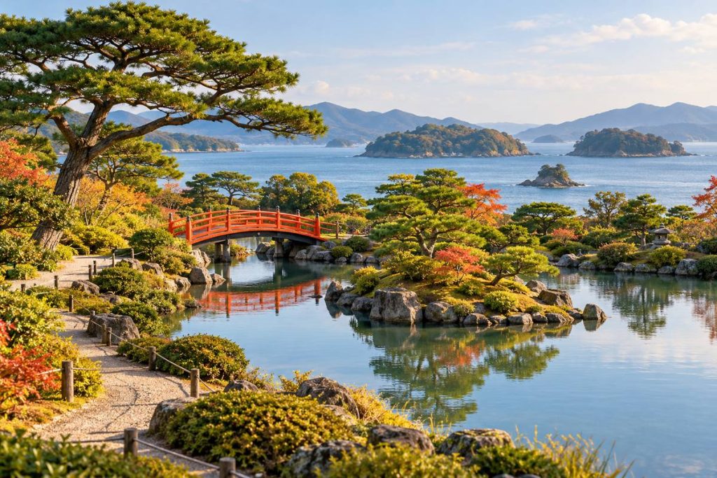 池と朱色の橋、大きく枝を広げた松を描いた日本庭園の生成イメージ