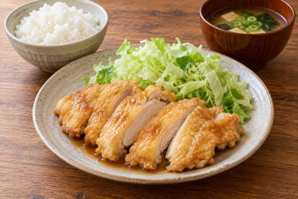 甘酢をまとった揚げ鶏とキャベツ、ご飯、味噌汁の食事