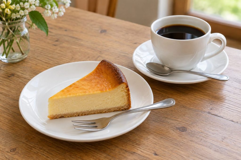 白い皿のベイクドチーズケーキとホットコーヒーのイメージ（生成画像）