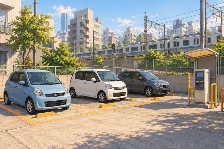 駅周辺の小規模な平面駐車場を表す生成イメージ