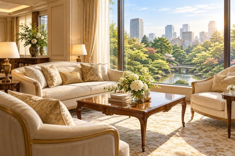 クラシック調のホテルラウンジを題材にした生成イメージ。リーガロイヤルホテル東京の実景ではありません。