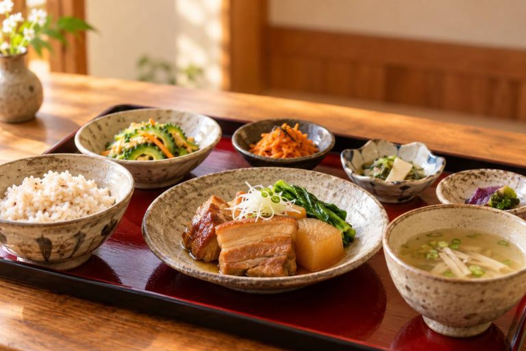 漆の盆に豚肉や島野菜の小皿を組み合わせた琉球料理の生成イメージ