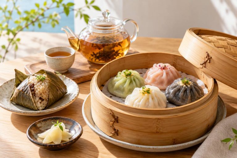 彩りの異なる点心のせいろとちまき、お茶を並べた飲茶の生成イメージ