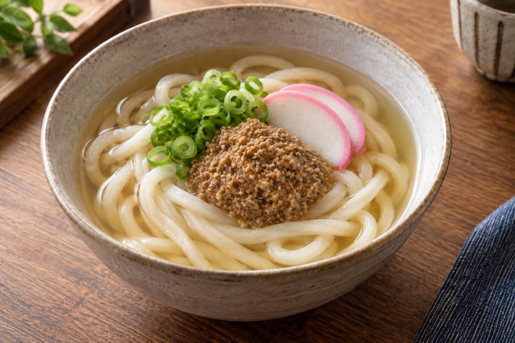 うどんに魚とごまのごまだし、ねぎ、かまぼこを添えた一杯