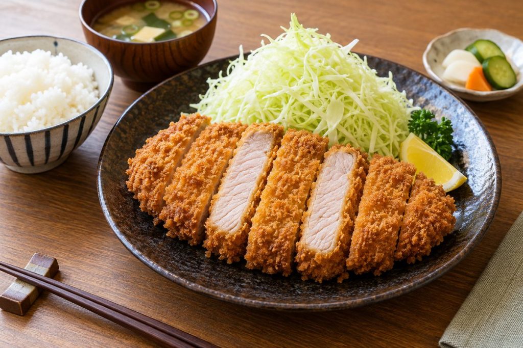 切り分けたとんかつと千切りキャベツ、ご飯、味噌汁の定食イメージ（生成画像）