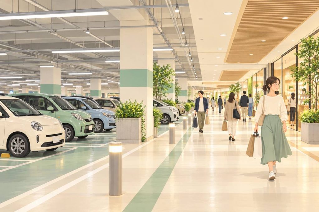 地下街に隣接する駐車空間と歩行者動線の生成イメージ