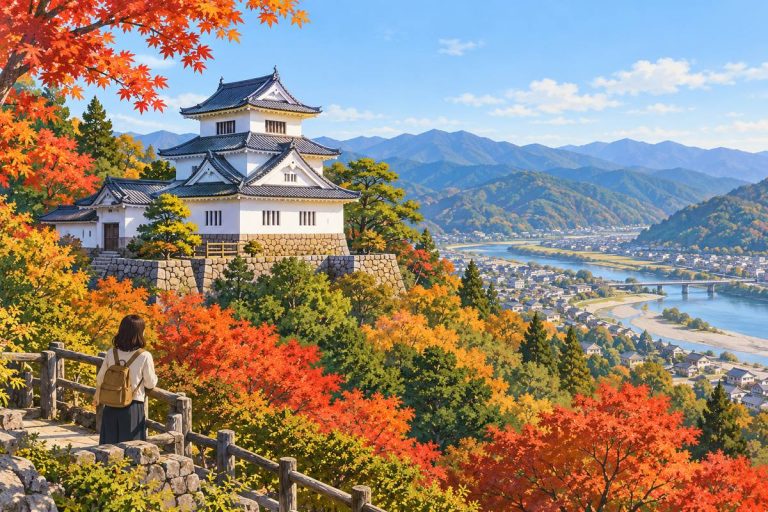 丘の上の城郭風博物館と四万十の町並みをイメージした生成イラスト
