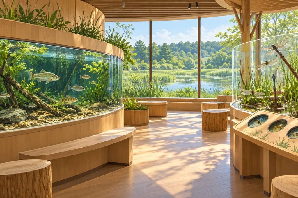 淡水魚の水槽とトンボの観察展示を組み合わせた生成イメージ