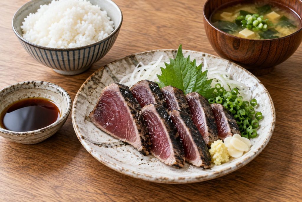 薬味を添えた鰹のたたきとご飯、味噌汁