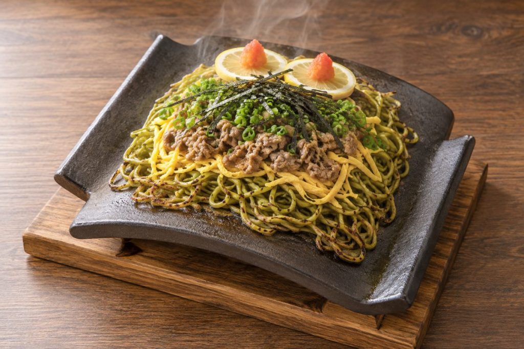 黒い瓦に盛った茶そばと錦糸卵、牛肉、海苔、レモン