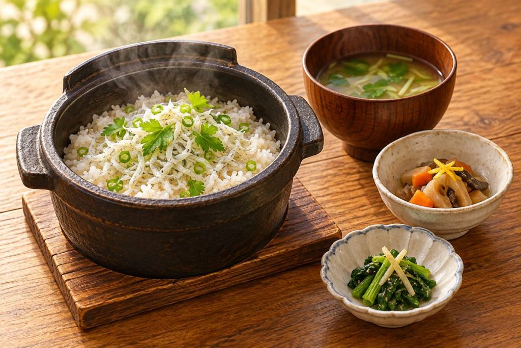 小釜の炊き込みご飯と和食の小鉢を描いた生成イメージ