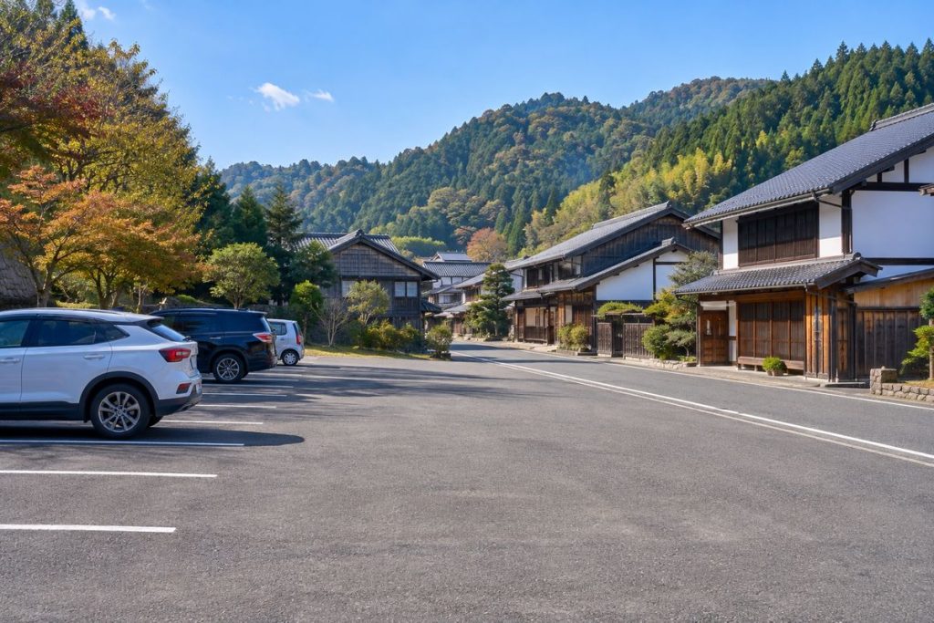 日本大正村の町並み近くの駐車場を題材にした生成イメージ
