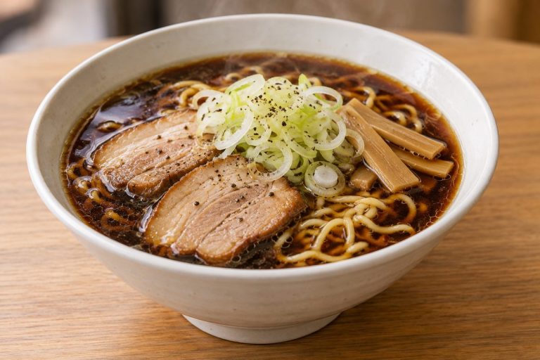 黒い醤油スープにチャーシュー、メンマ、ネギを添えたラーメンの生成イメージ