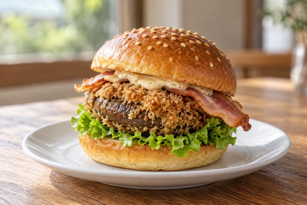 しいたけフライ、ベーコン、レタスを胡麻付きバンズにはさんだバーガー