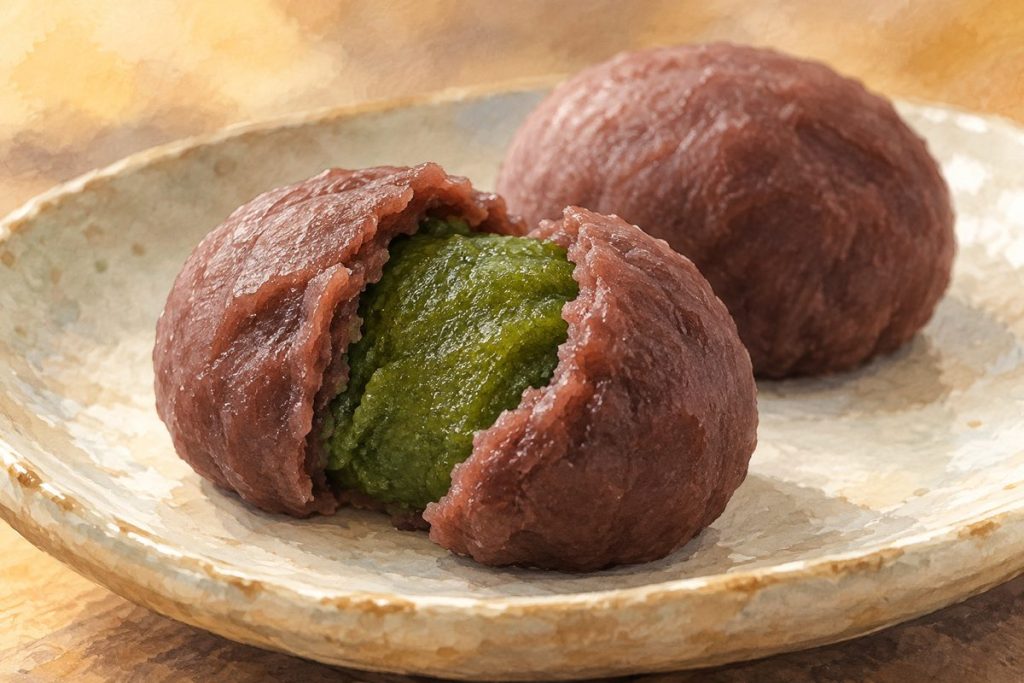 緑の中身と茶褐色の外側を描いた餅菓子の生成イメージ
