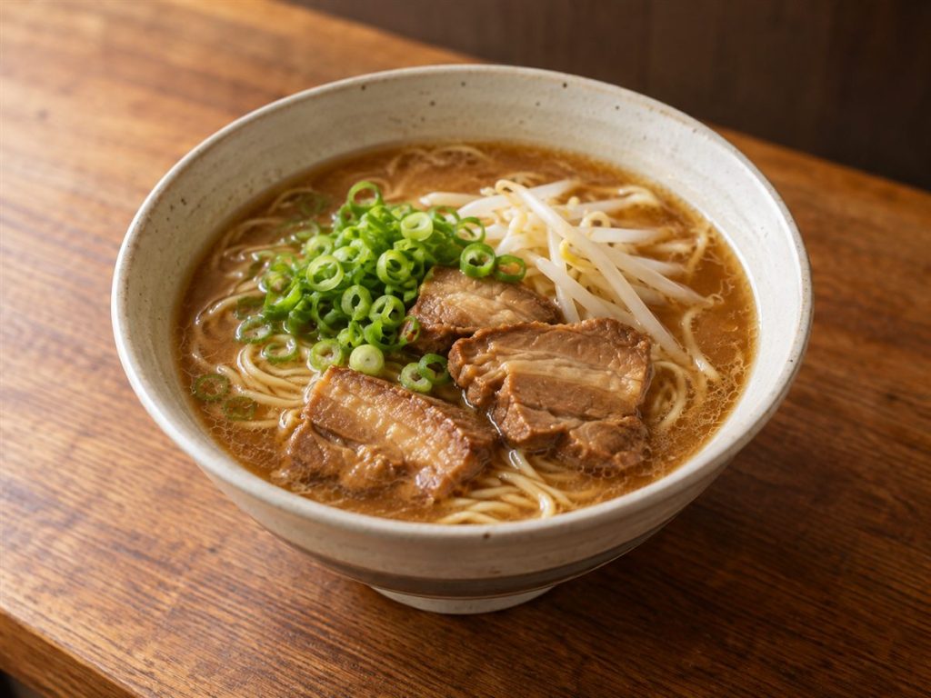 豚肉、ねぎ、もやしをのせた茶色いスープのラーメン