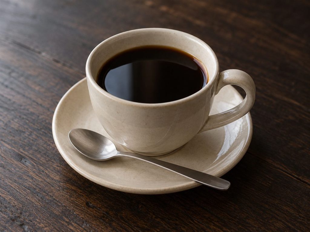陶器のカップに入ったコーヒーと受け皿、スプーン