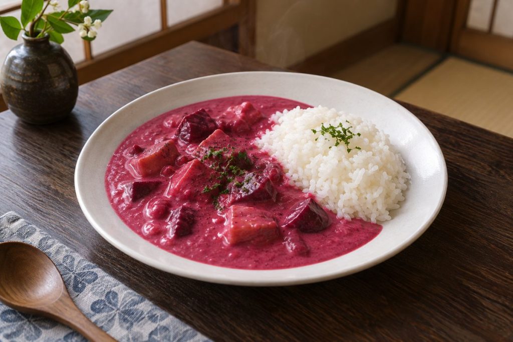 白い皿に盛ったビーツのピンクカレーとご飯