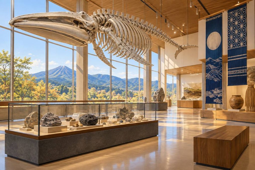 鳥取の自然と歴史を学ぶ博物館をイメージした生成画像。実際の建物や展示の記録写真ではありません。