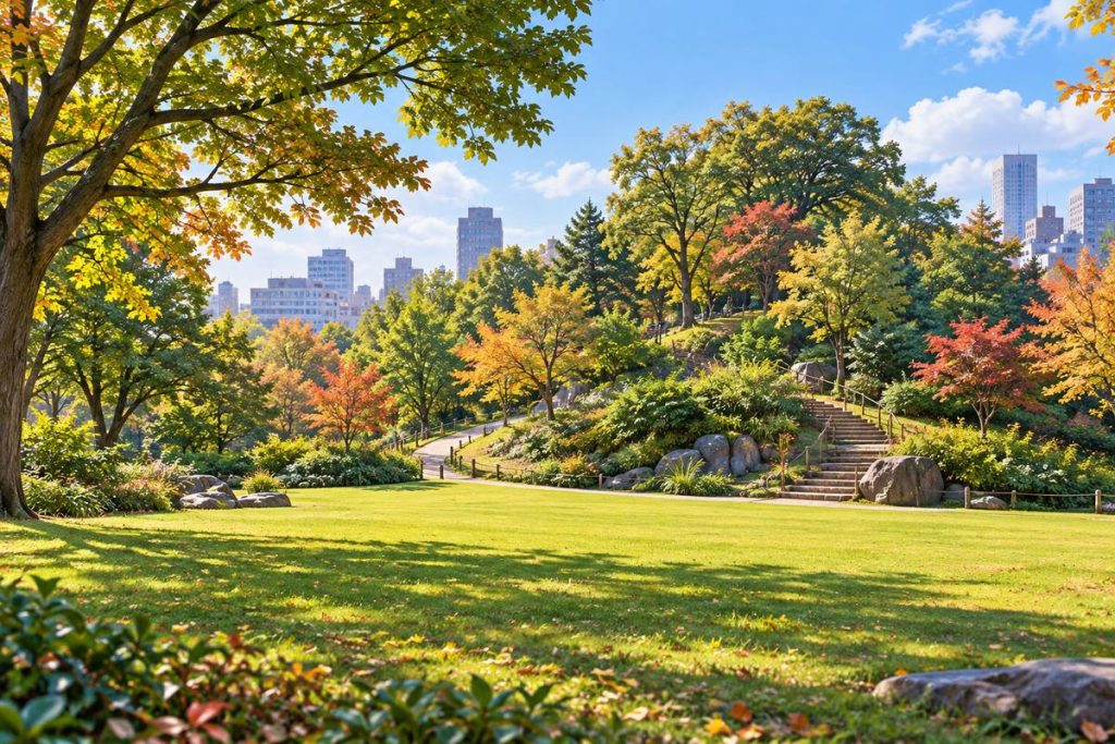 都会の緑地と築山を題材にした生成イメージ。戸山公園の実景ではありません。