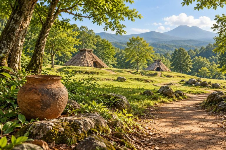 縄文の竪穴住居と土器、森の散策を表現した上野原縄文の森の生成イメージ