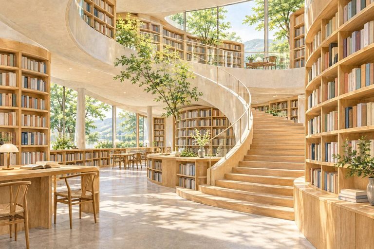 本と文学交流を表現した生成イメージ(実際の村上春樹ライブラリーではありません)