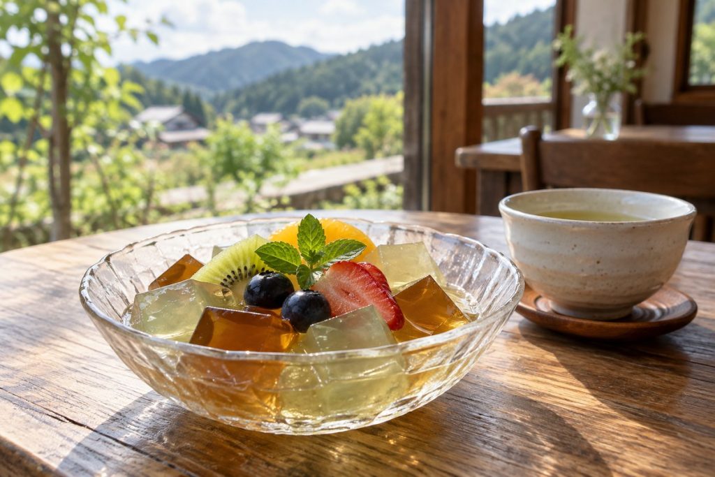 寒天ゼリーとお茶を題材にした生成イメージ