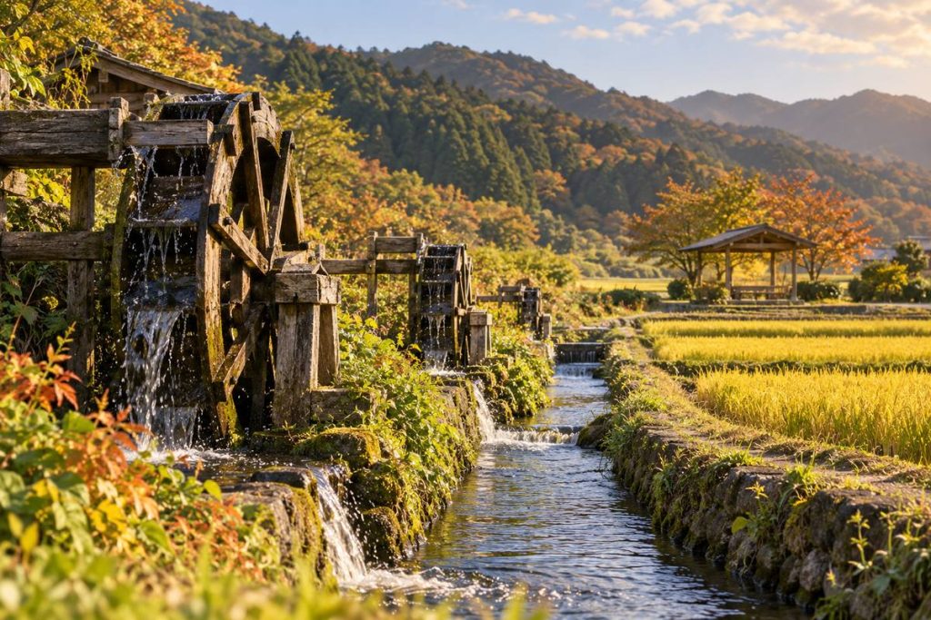 田園の用水路と木の水車をイメージした生成イラスト