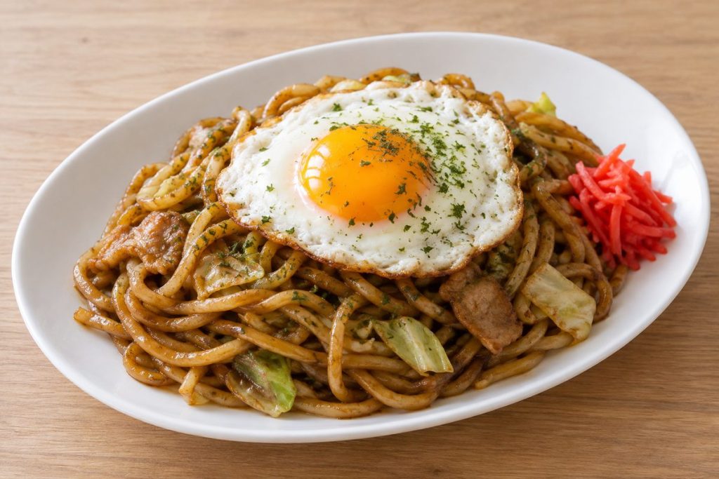 太めの焼きそばに目玉焼きをのせた白い皿
