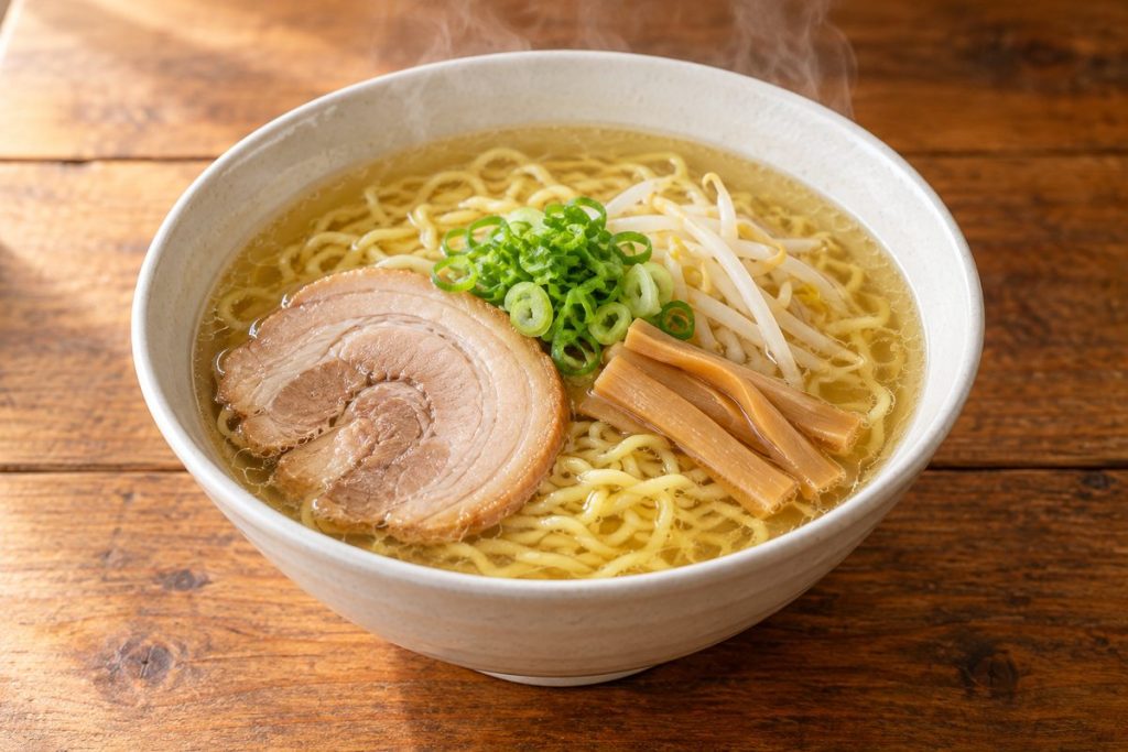 淡い金色のスープに、麺・チャーシュー・メンマ・ねぎ・もやしを盛ったラーメン
